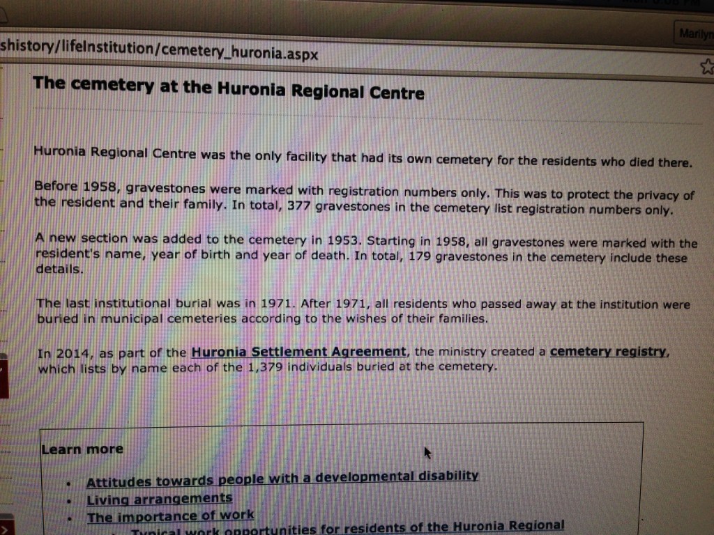 An image of the MCSS website today -after the Huronia class-action settlement in 2009, indicating that only 1,379 people who died at Huronia lay in the cemetery today. Self-advocates and advocates disagree with this number.