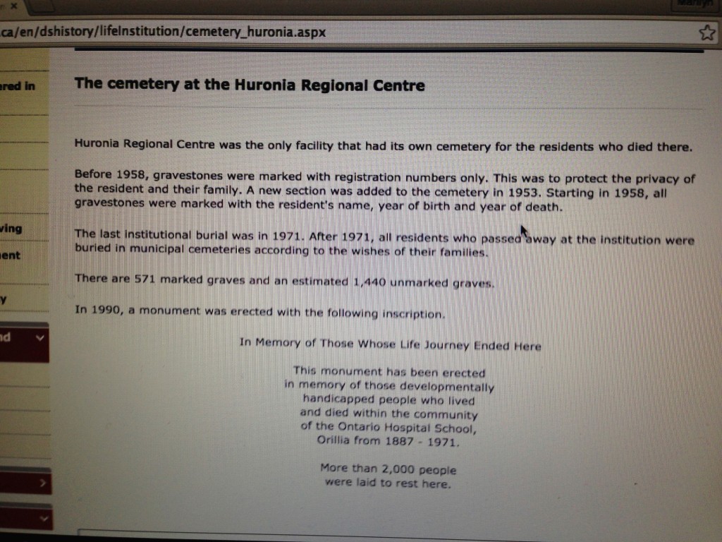 In this image of the MCSS website prior to the Huronia class-action settlement in 2009, it is clearly stated that over 2,000 individuals died while warehoused at Huronia.