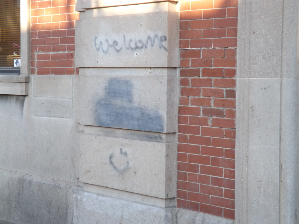 "Welcome All Junkies" reads the graffiti next to the OATC Sault Clinic. An attempt to obscure "All Junkies" fails to cover up the sentiment.