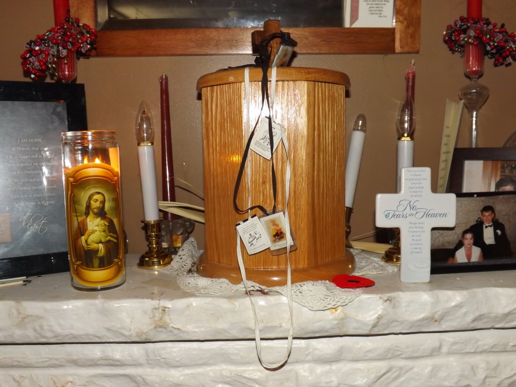 Wesley's urn made by his Grandfather. It sits empty, for the past five years, on Sandra's mantle.