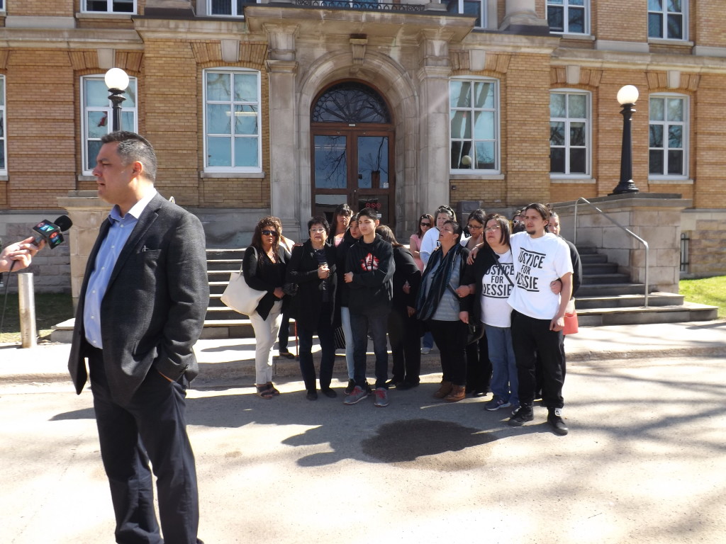 Chief Paul Syrette, Garden River First Nation, addresses reporters in front of Sault Ste. Marie Courthouse.