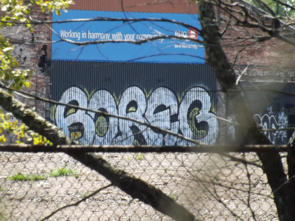 BORED graffiti featured behind the Board Mill at Mill Square. Visible from the Sault Ste. Marie International Bridge.